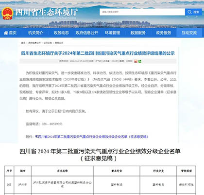 弘潤塑料制品分公司通過四川省重污染天氣重點行業(yè)績效評級